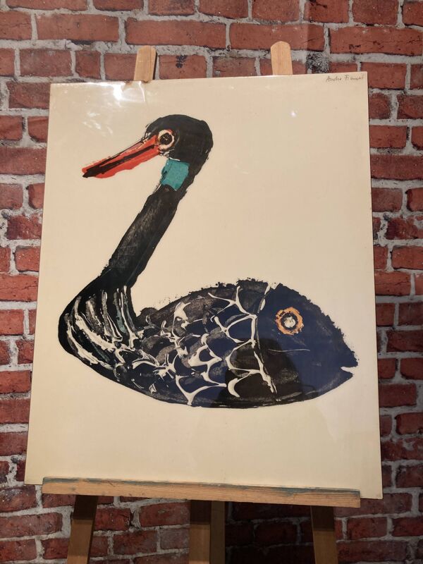 Affiche ''tiré à part'' signée André François représentant un canard poisson