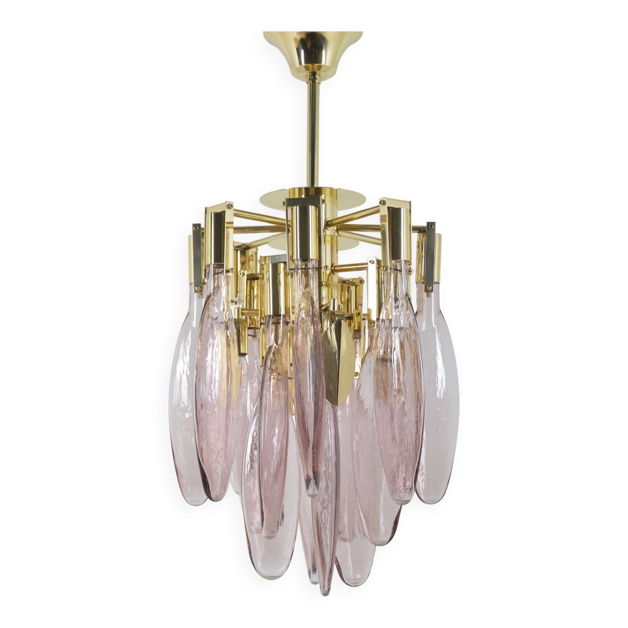 Italian chandelier in brass with tear-shaped Murano glass, 1970s
