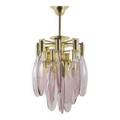 Chandelier italien en laiton avec verre de Murano en forme de goutte, années 1970.