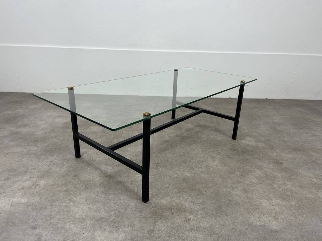 50s coffee table, glass and black metal