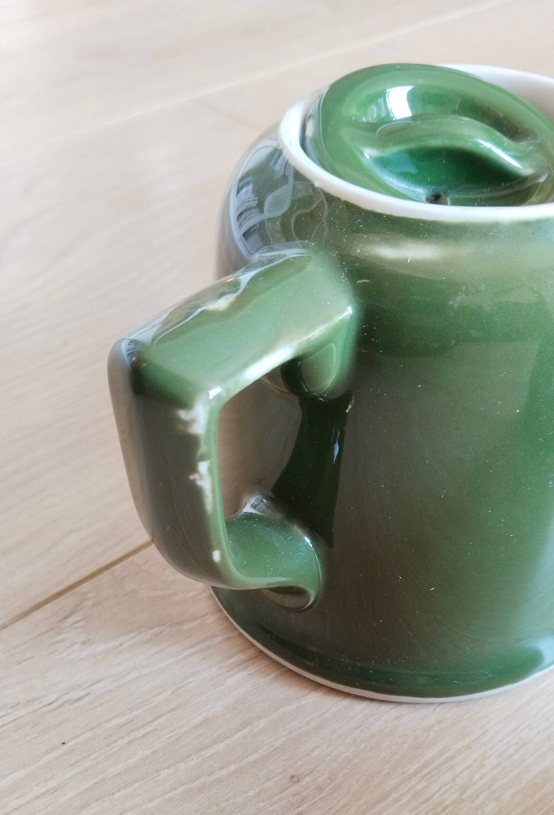 Bistro service, mugs, milk jug, green porcelain bistro coffee maker