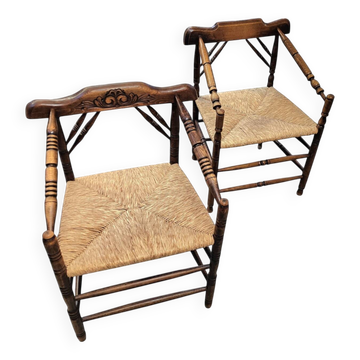 Paire de chaises hollandaises en chêne / Rush assorties des années 1930