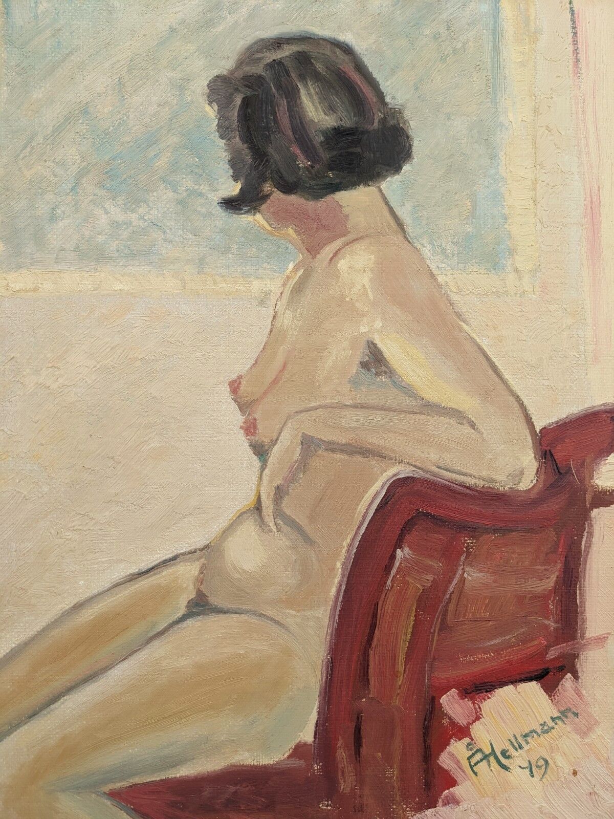 1949 Mid-Century Modern "Gaze Away" Swedish Nude Portrait Oil Painting, Framed