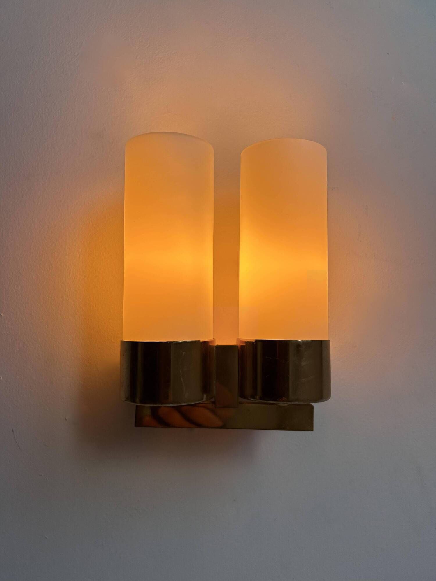 Vintage double wall lamp, brass and opaline, Leuchten Neuhaus Germany 1960