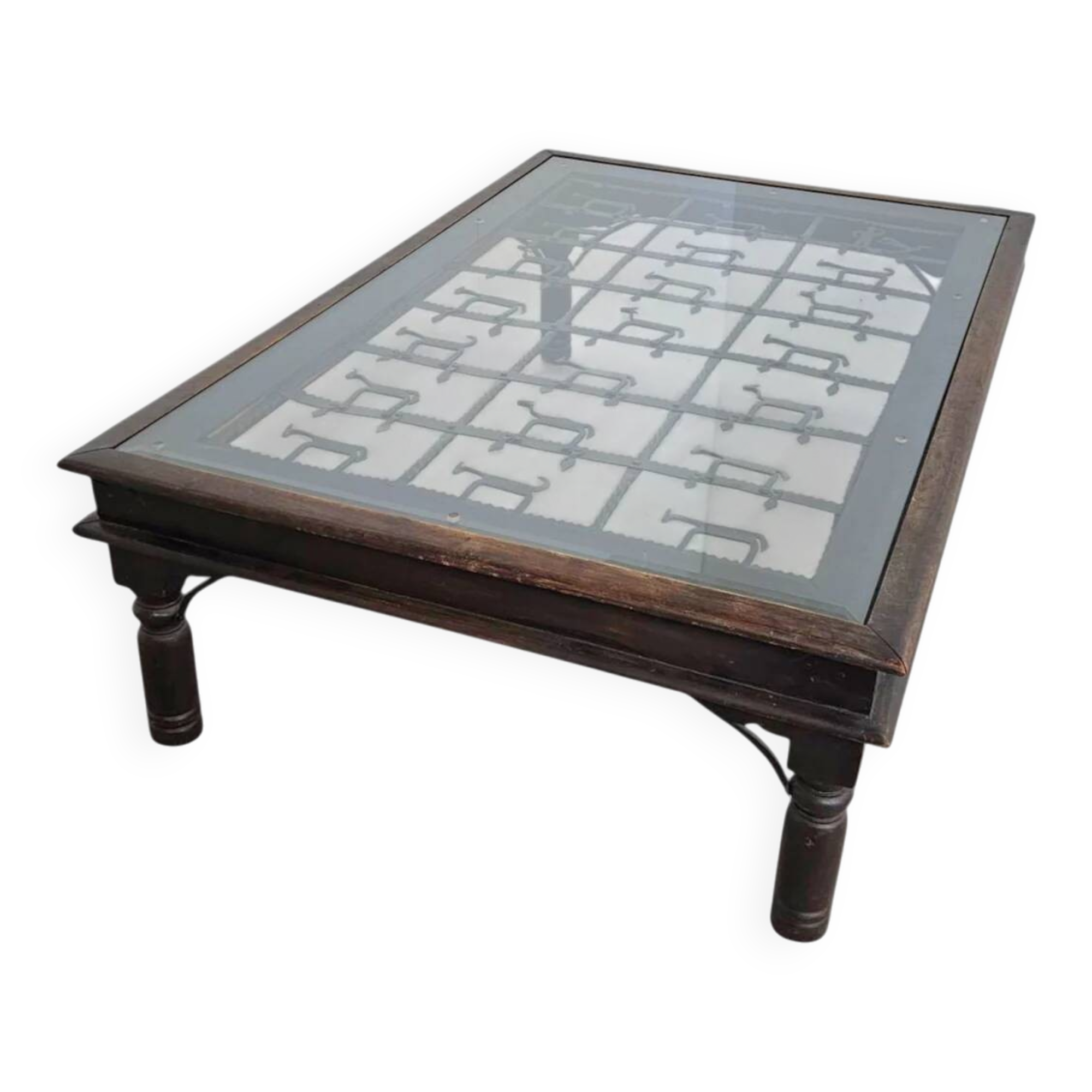 French brutalist coffee table, forged wrought iron, shepherd with dog and his herd, 1970s, transparent glass top