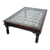 French brutalist coffee table, forged wrought iron, shepherd with dog and his herd, 1970s, transparent glass top