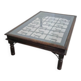 French brutalist coffee table, forged wrought iron, shepherd with dog and his herd, 1970s, transparent glass top