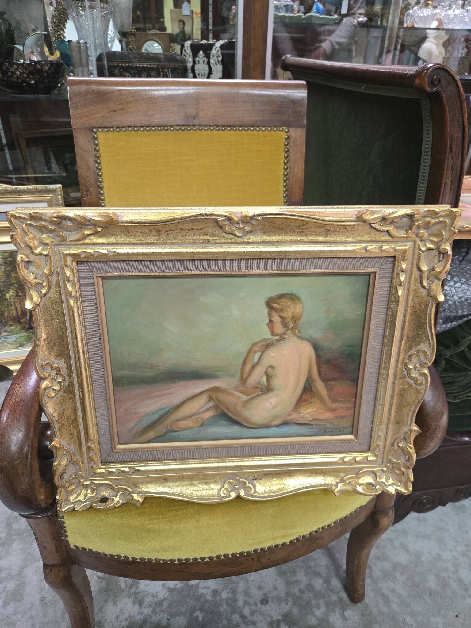 A Boyer: Oil on panel depicting a seated female nude from behind.