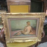 A Boyer: Oil on panel depicting a seated female nude from behind.