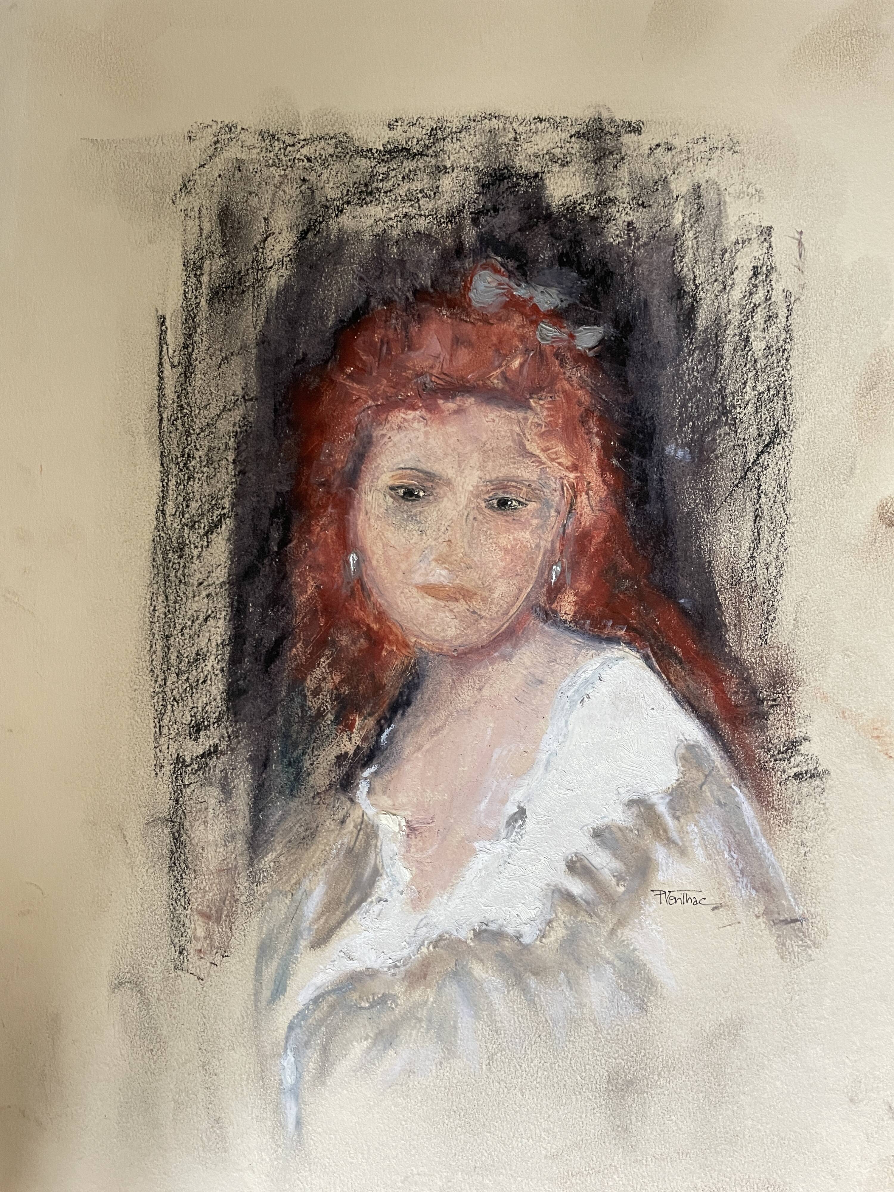Tableau pastel signé portrait femme rousse