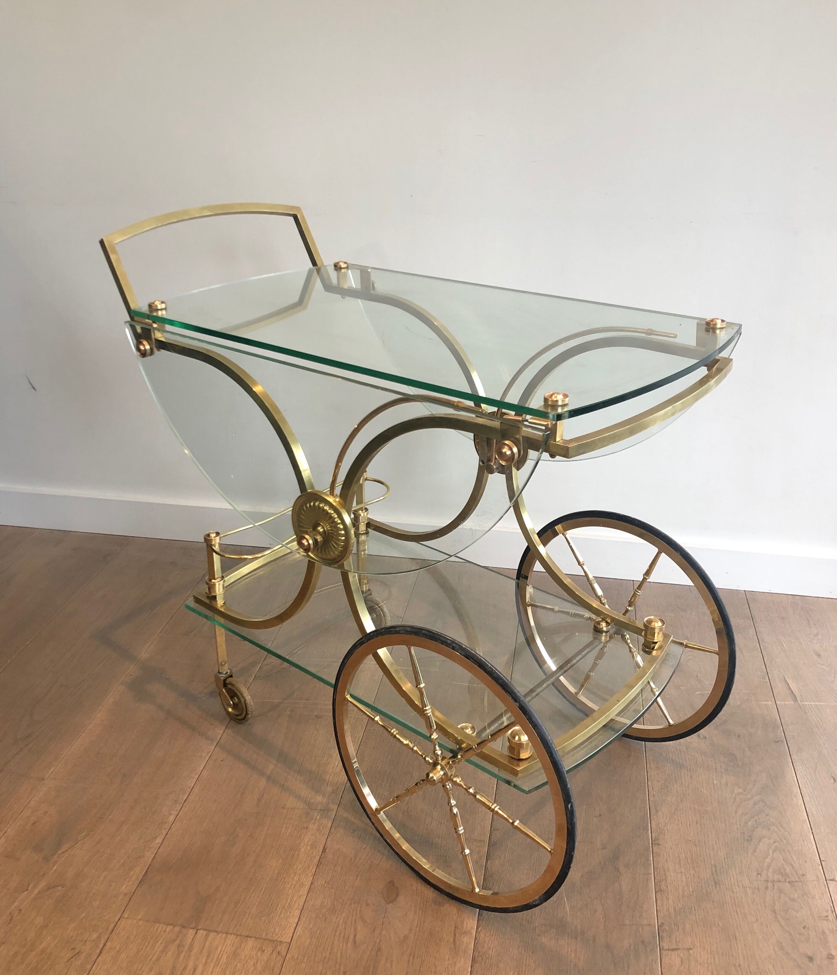 Neo classical style table in silver and gold metal and glass