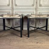 Pair of marble and metal tables, marble marquetry compass rose, circa 1990