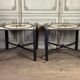 Paire de tables en marbre et métal, rose des vents en marqueterie de marbre, vers 1990