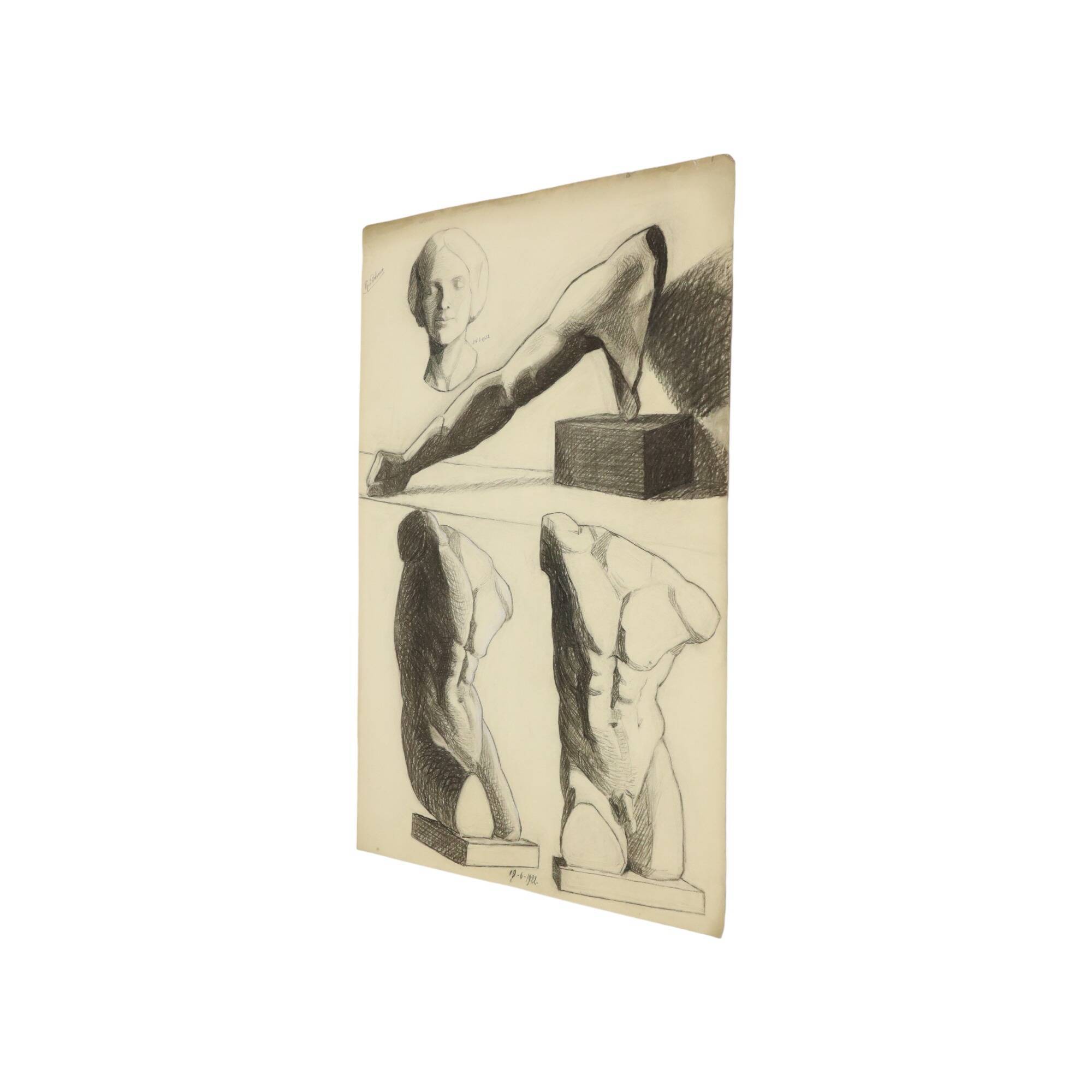 Large Academic Drawing Renée Belvaux (1903-1984) Male Nude 85x60cm