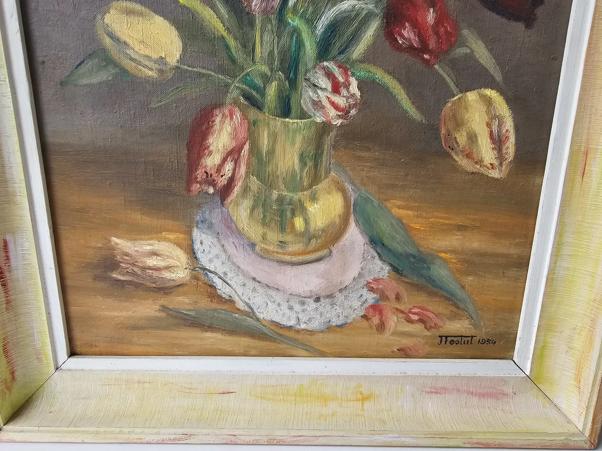 Oil on Canvas Still Life Flowers Bouquet Tulips Signed J. Testut