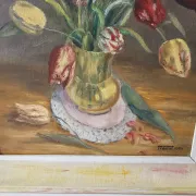 Oil on Canvas Still Life Flowers Bouquet Tulips Signed J. Testut