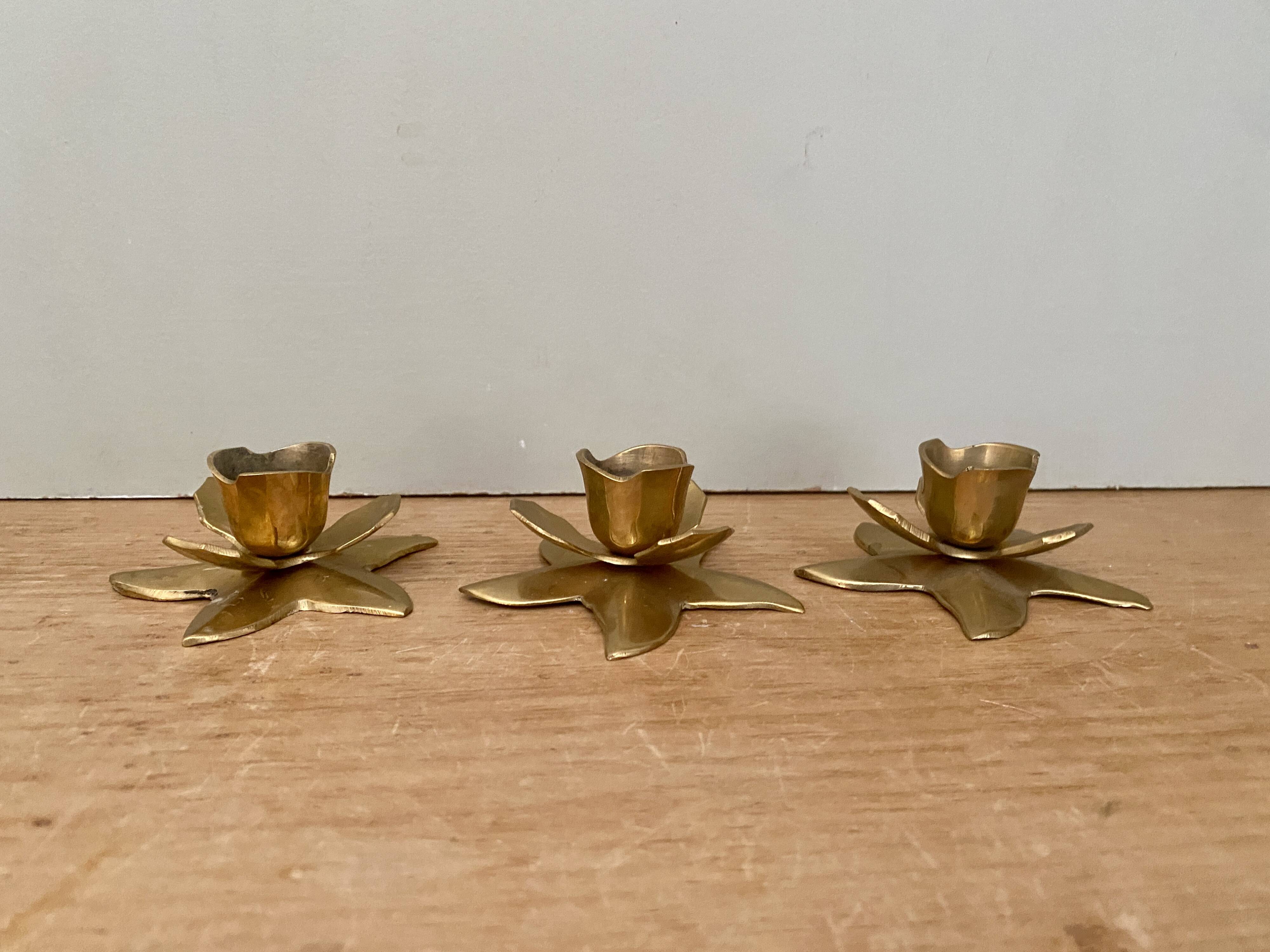 Set of 3 vintage candle holders in gold-plated brass
