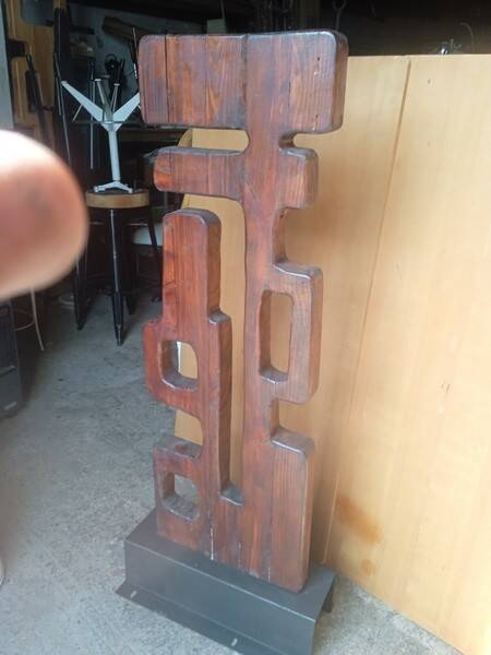 Brutalist Totem Sculpture, solid wood on base