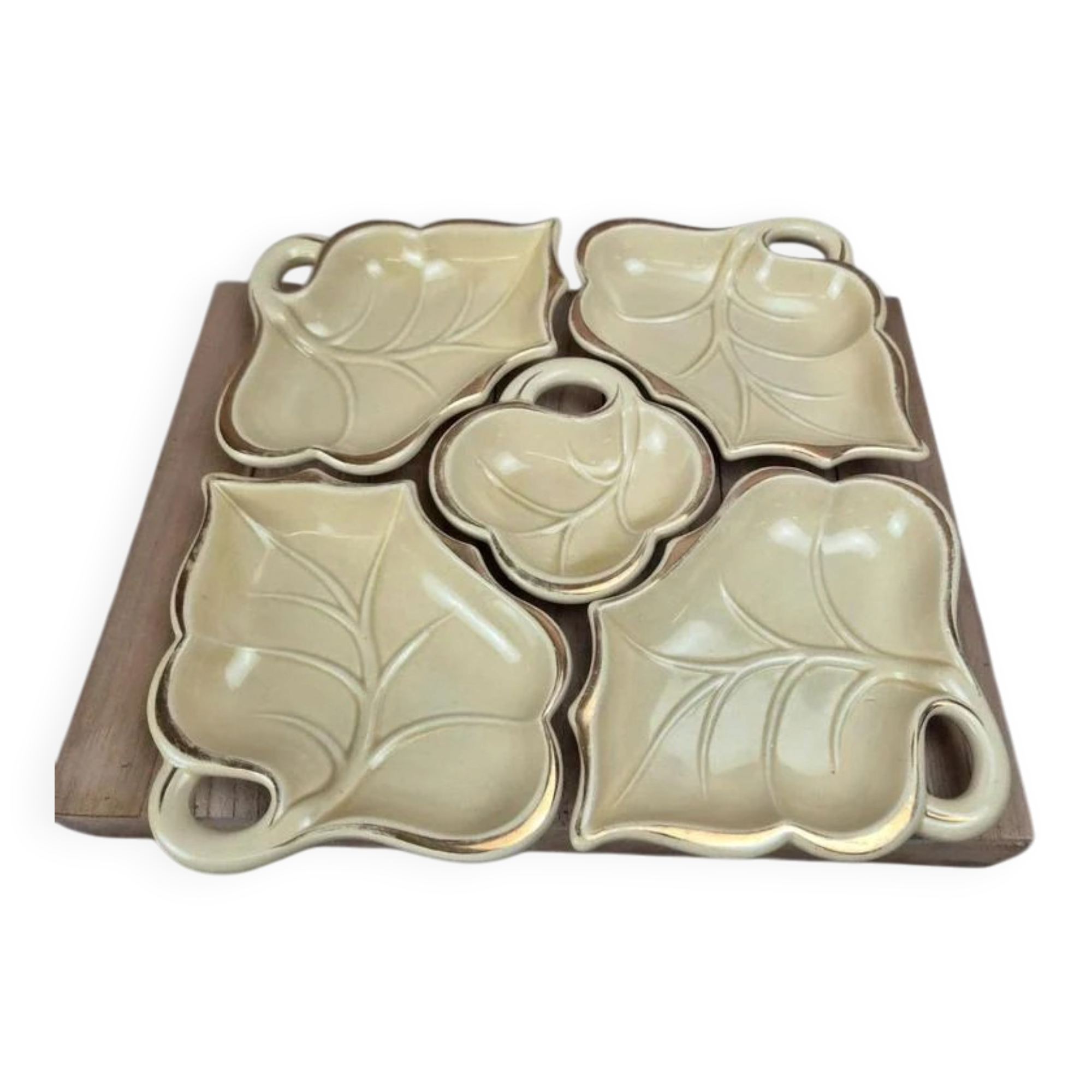 Vintage aperitif service 5 leaf bowls – Poët Laval art ceramics – gilding