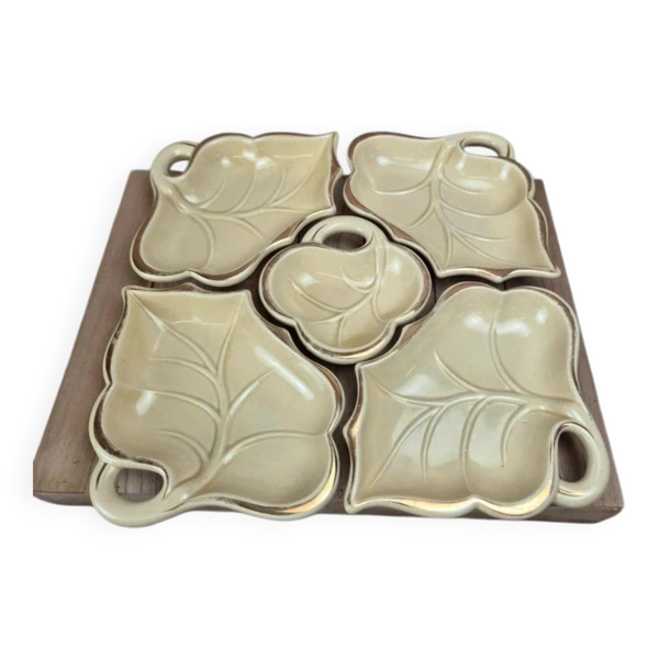 Service apéritif vintage 5 coupelles feuilles – Céramique d’art de Poët Laval – dorures