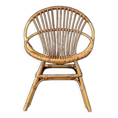 Fauteuil coquille en rotin vintage années  70 fabrication artisanale bohème