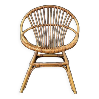 Fauteuil coquille en rotin vintage années  70 fabrication artisanale bohème