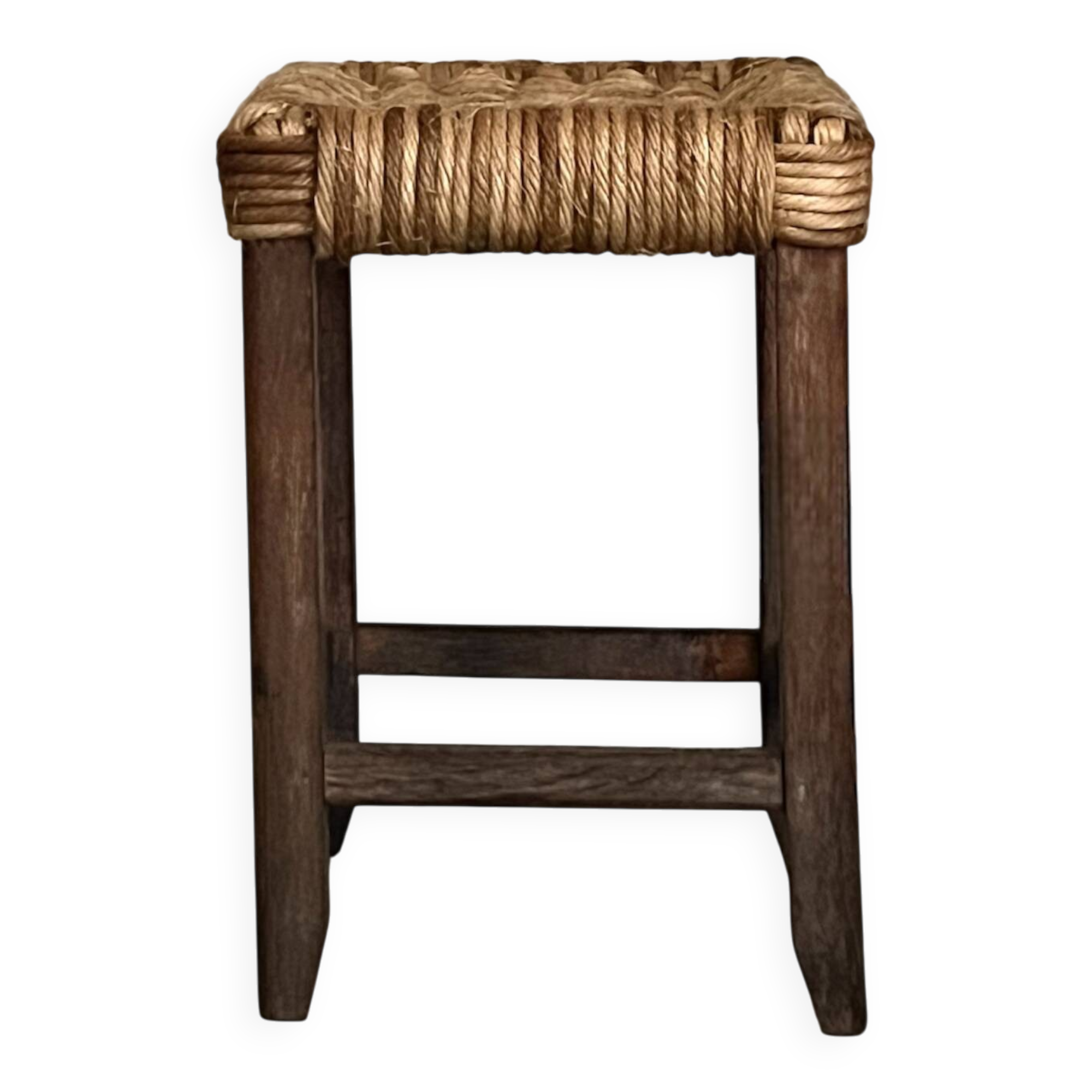 Solid oak stool with woven hemp seat by Audoux Minnet.
