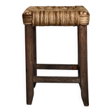 Solid oak stool with woven hemp seat by Audoux Minnet.
