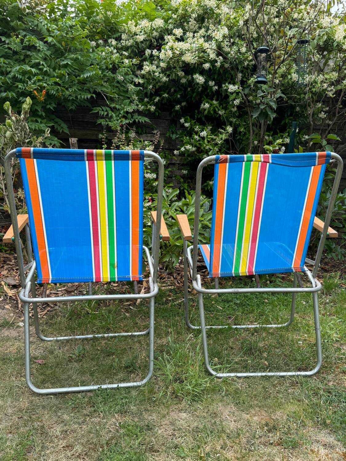 Pair of vintage nylon canvas folding garden armchairs