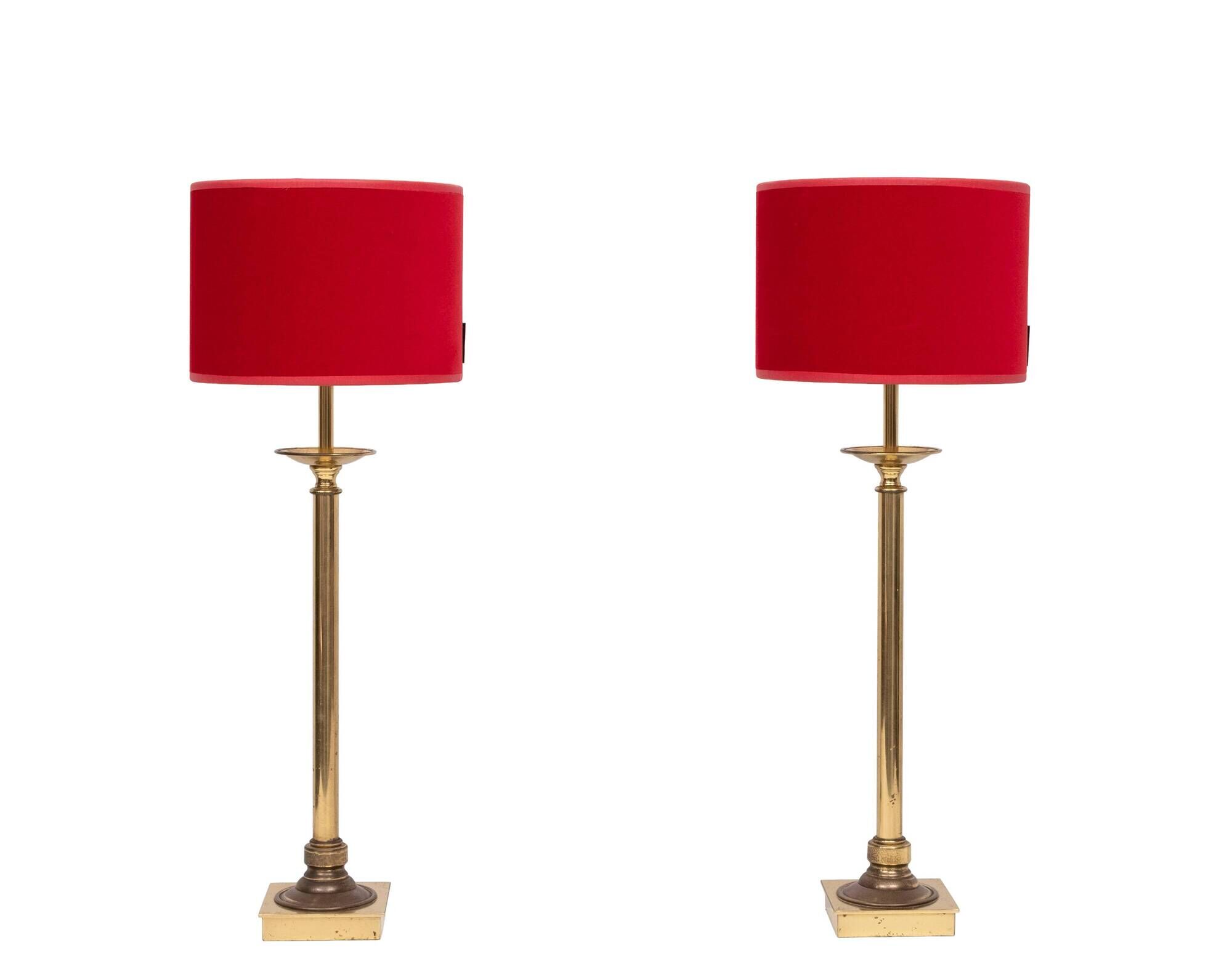 set solid Brass Table lamps Red Velvet shades 1960s France