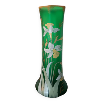 Vase françois-théodore legras vert nil décor émaillé de jonquille