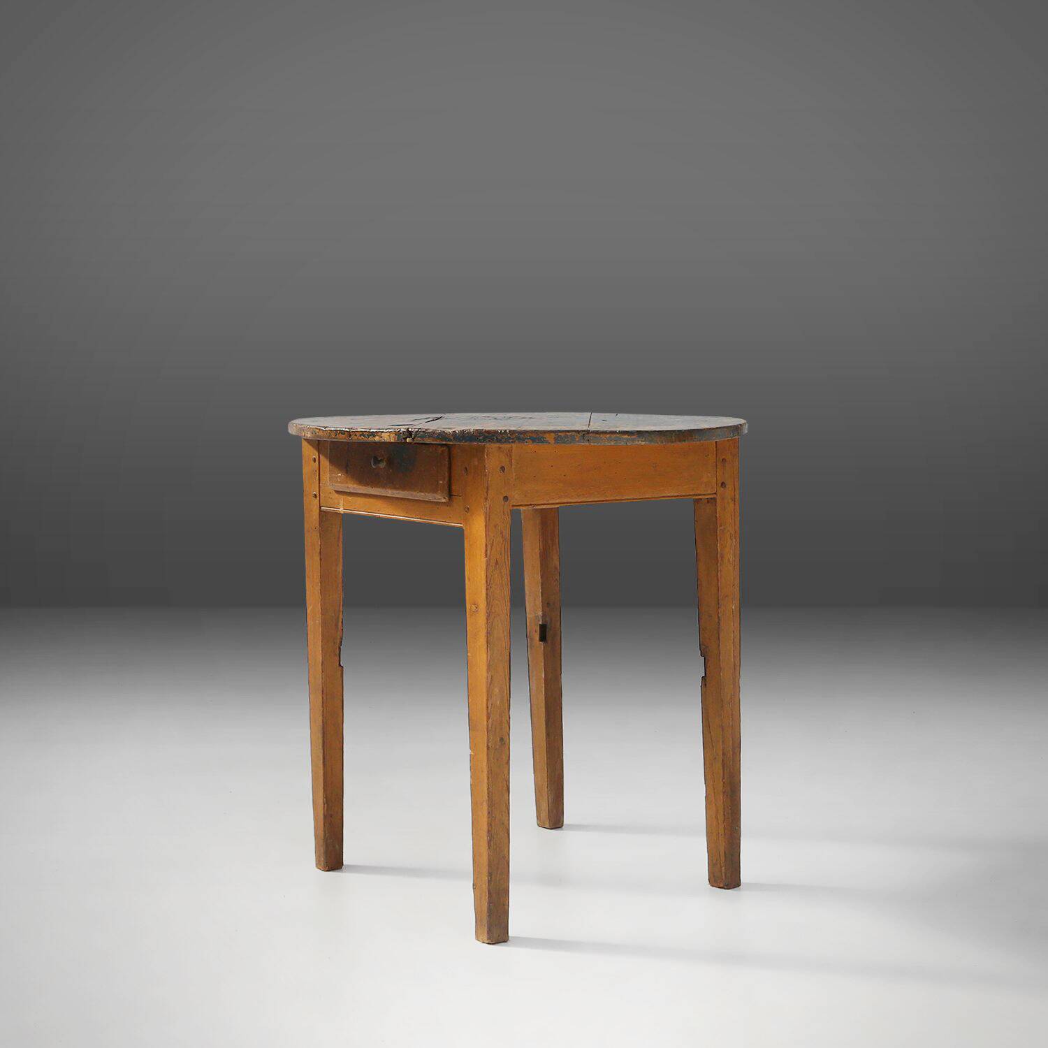 French Round Side Table in Oak with Blue Top, 1850s
