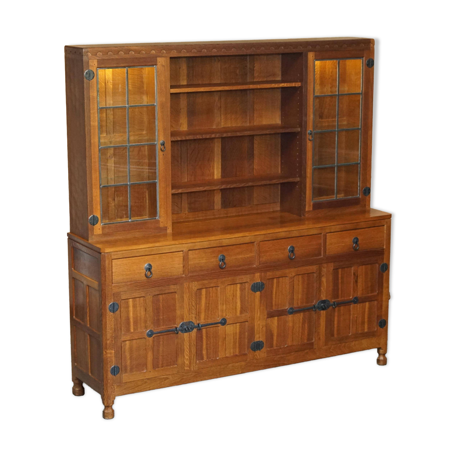 Vintage Robert Mouseman Thompson oak display cabinet with shelves and lighting.