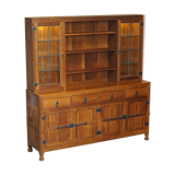 Vintage Robert Mouseman Thompson oak display cabinet with shelves and lighting.