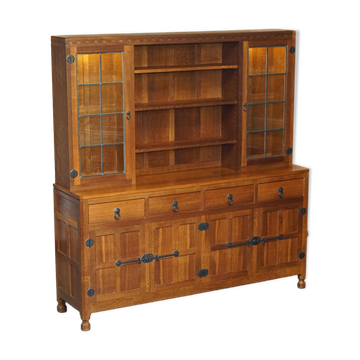 Vintage Robert Mouseman Thompson oak display cabinet with shelves and lighting.