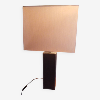 Tall cubic brown leather lamp, light gray fabric lampshade