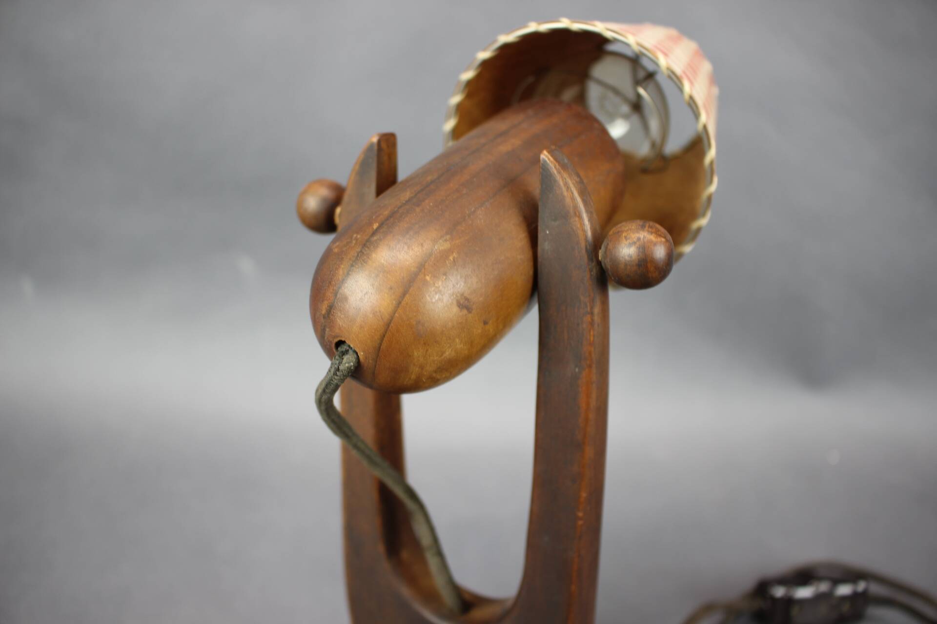 Mid-century adjustable wooden table lamp with checked shade, Czechoslovakia