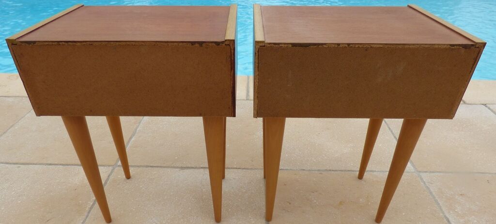 2 vintage scandinavian drawer nightstands with clamshell door