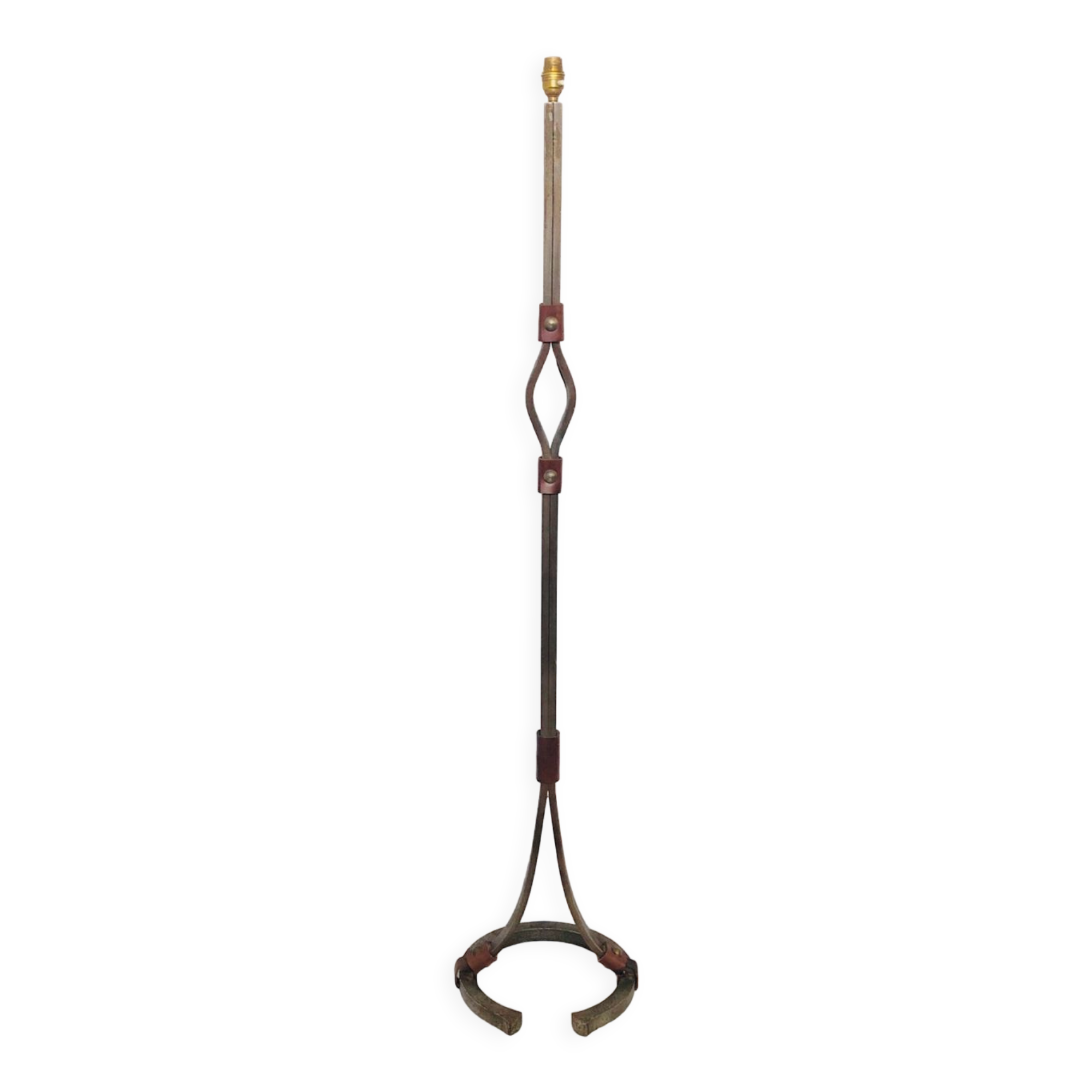 Hammered wrought iron and leather floor lamp by Jean Pierre Rickaert, 1950s