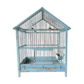 Cage à oiseaux ancienne en bois patine bleue et métal
