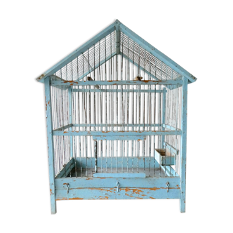 Cage à oiseaux ancienne en bois patine bleue et métal