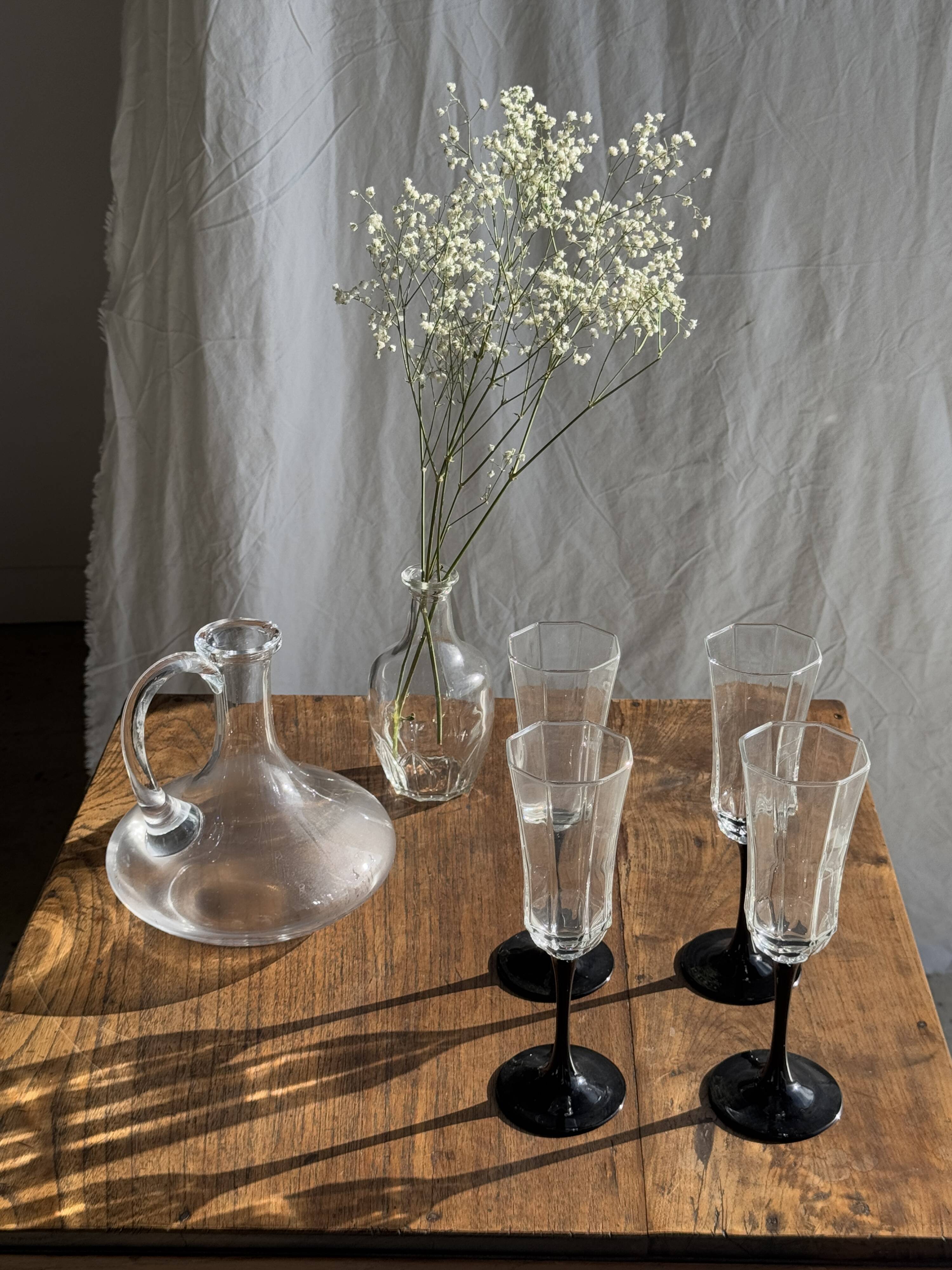 Vintage glass carafe with flattened flared belly handle H18