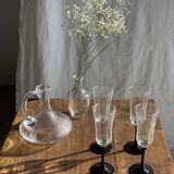 Vintage glass carafe with flattened flared belly handle H18