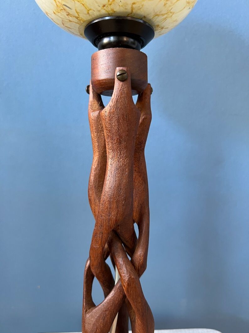 Hand-carved wooden table lamp with art deco lampshade