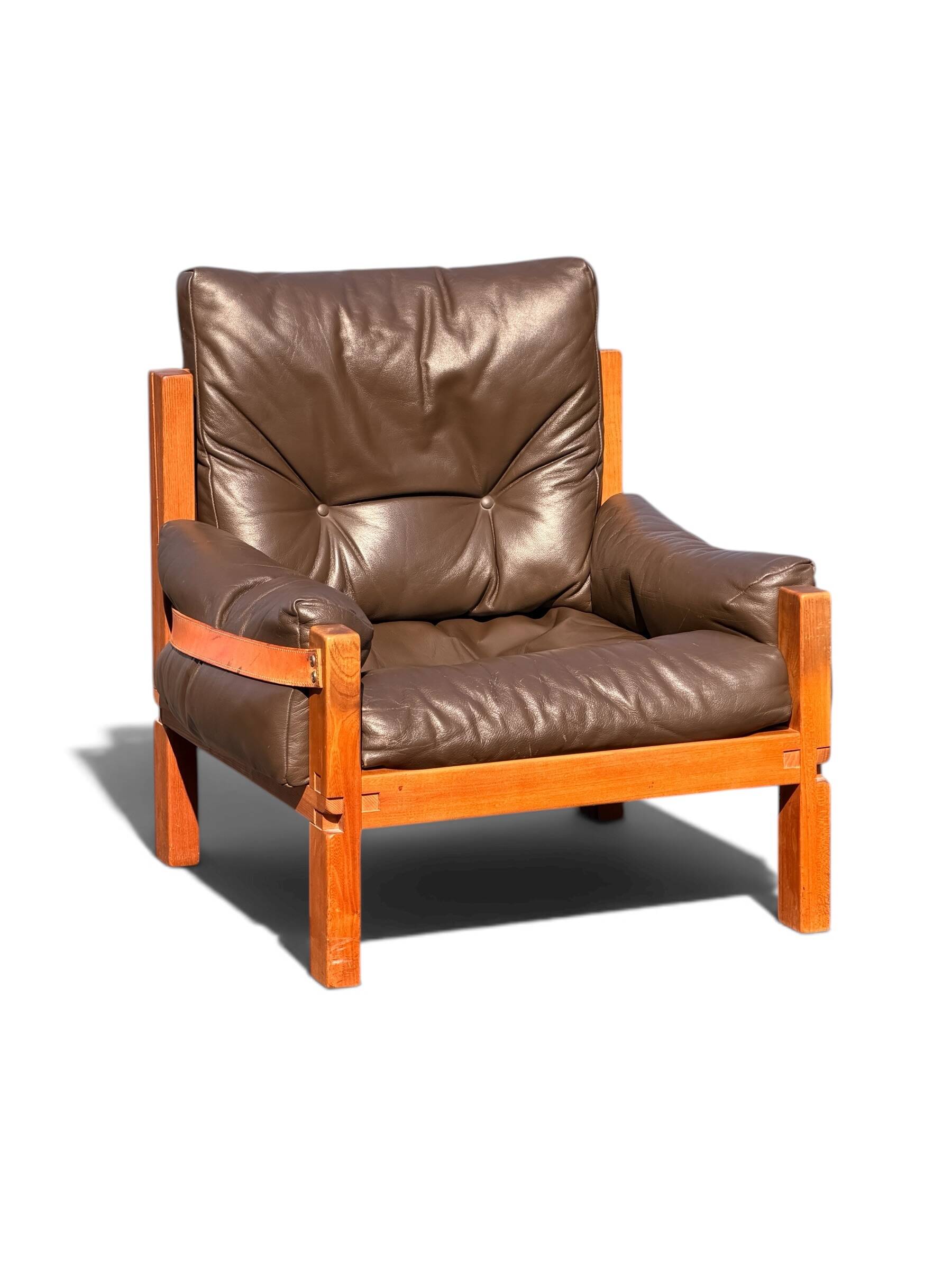 Ensemble Salon Pierre Chapo - Canapé S32 & Fauteuil S15 - Orme & Cuir Brun