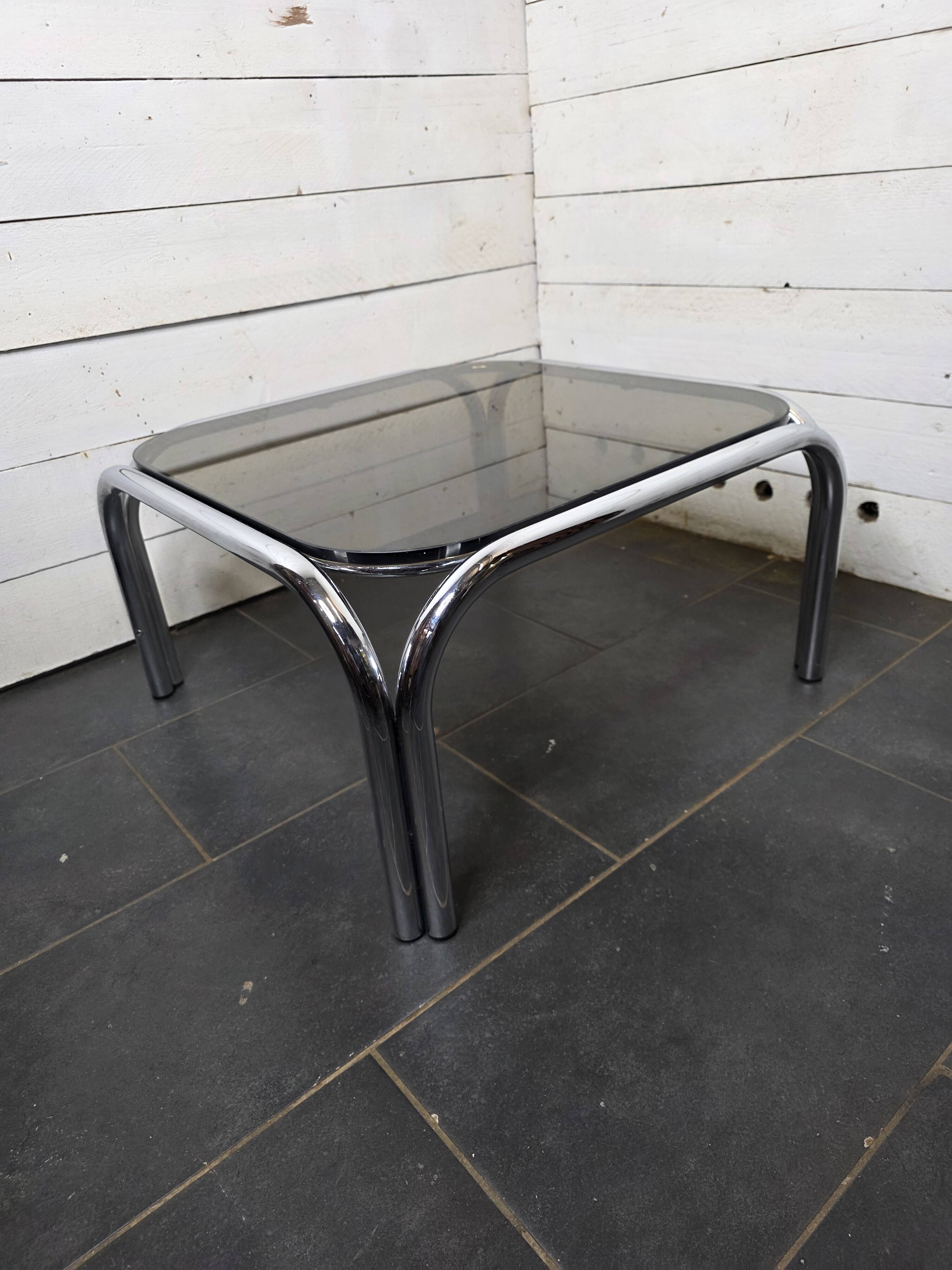 Chrome metal coffee table with smoked glass top from the 70s