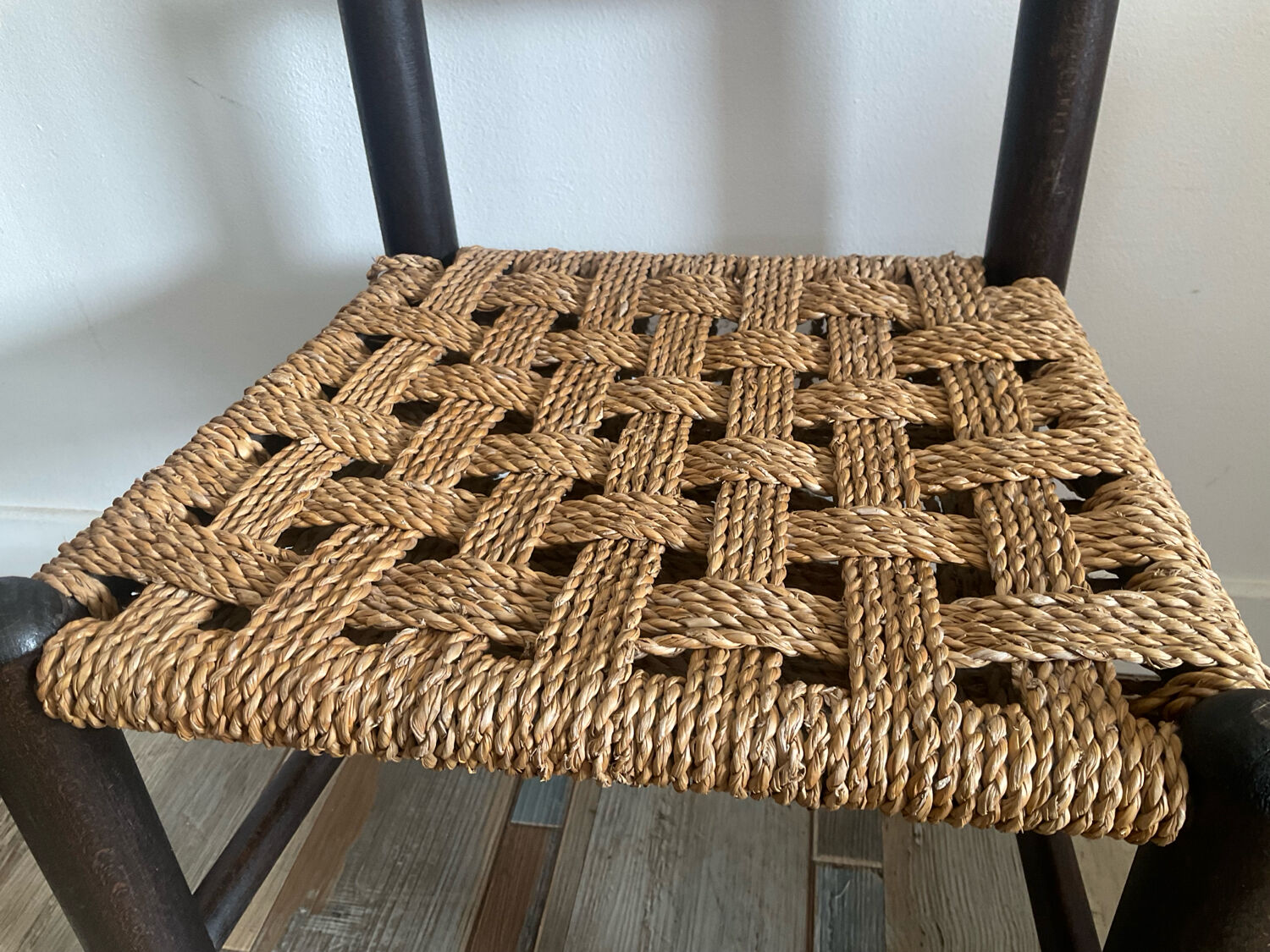 Pair of vintage children's chairs with rope and wood seats
