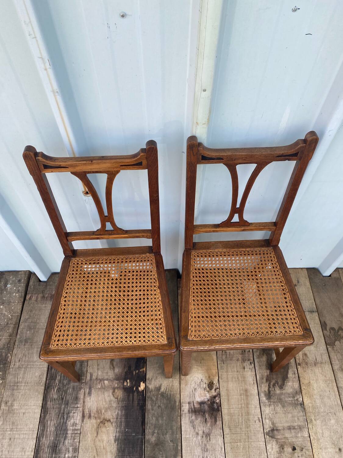 Paire de Chaise Ancienne Art Nouveau Bois Noyer + Assise Cannée Vintag