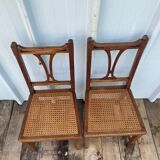 Paire de Chaise Ancienne Art Nouveau Bois Noyer + Assise Cannée Vintag