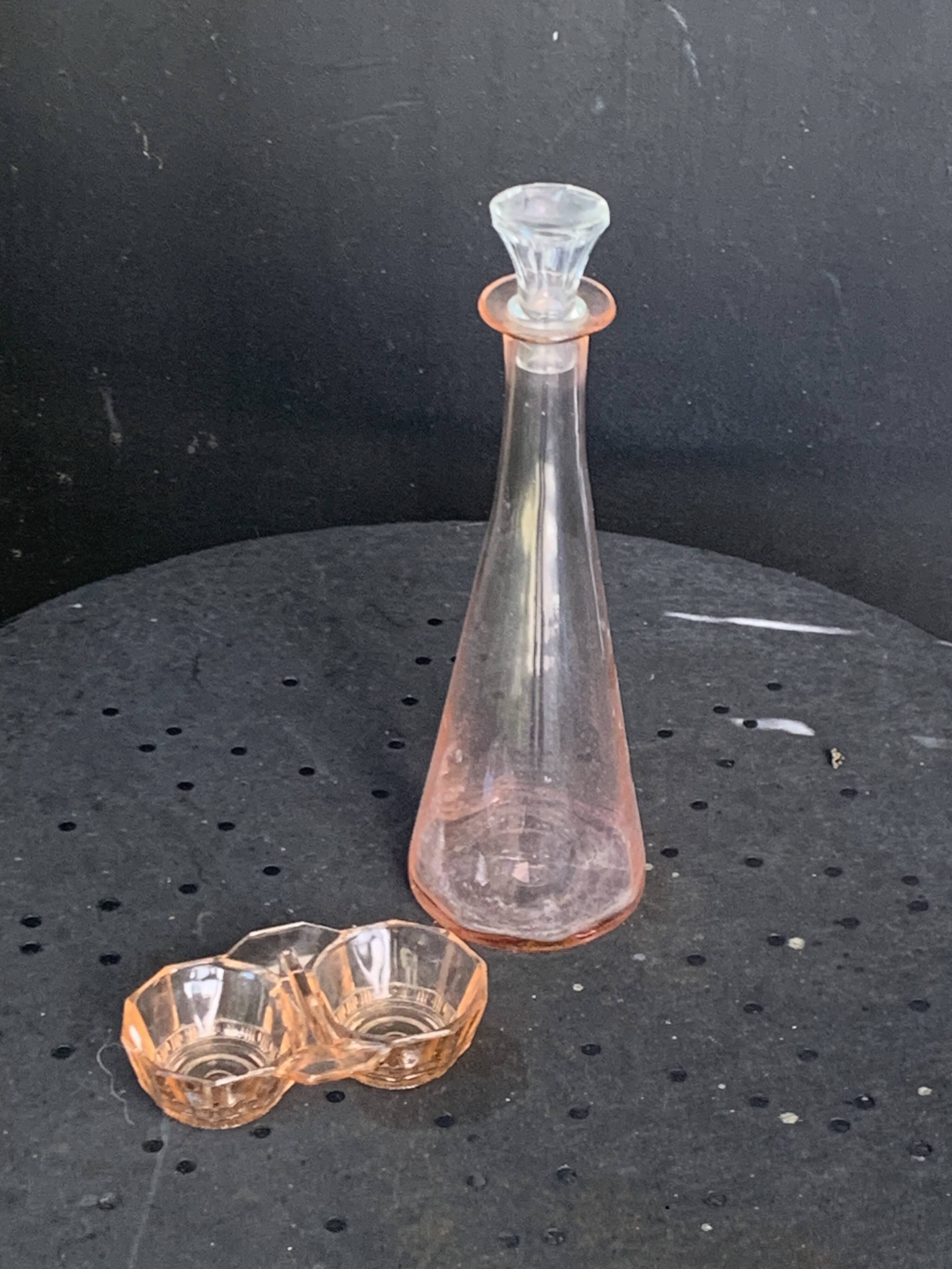 Vintage pink glass carafe and salt cellar